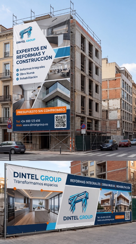 Lona publicitaria de Dintel Group en andamio de edificio en Burgos